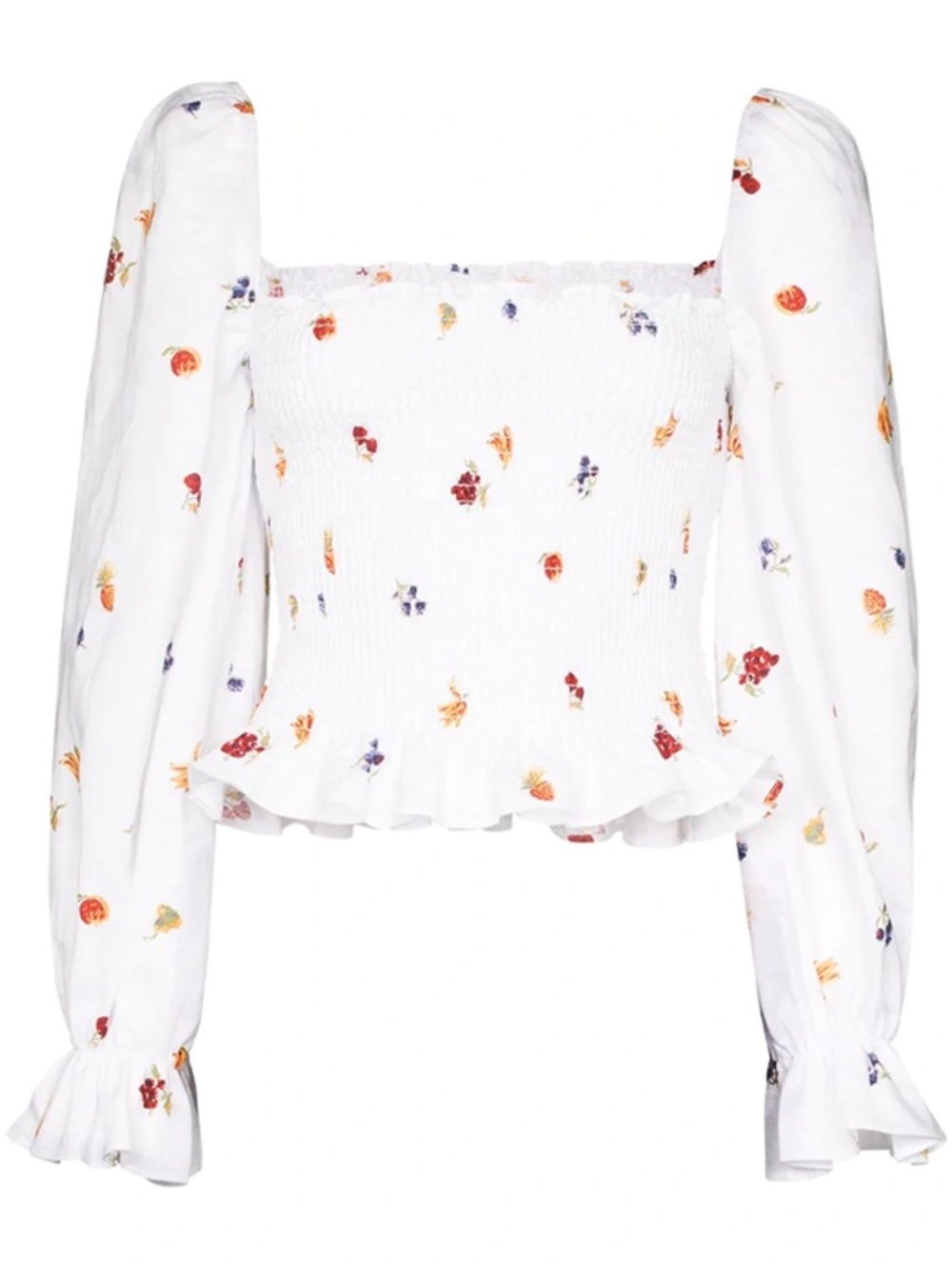 Reformation White Floral Smocked Square-Neck Blouse